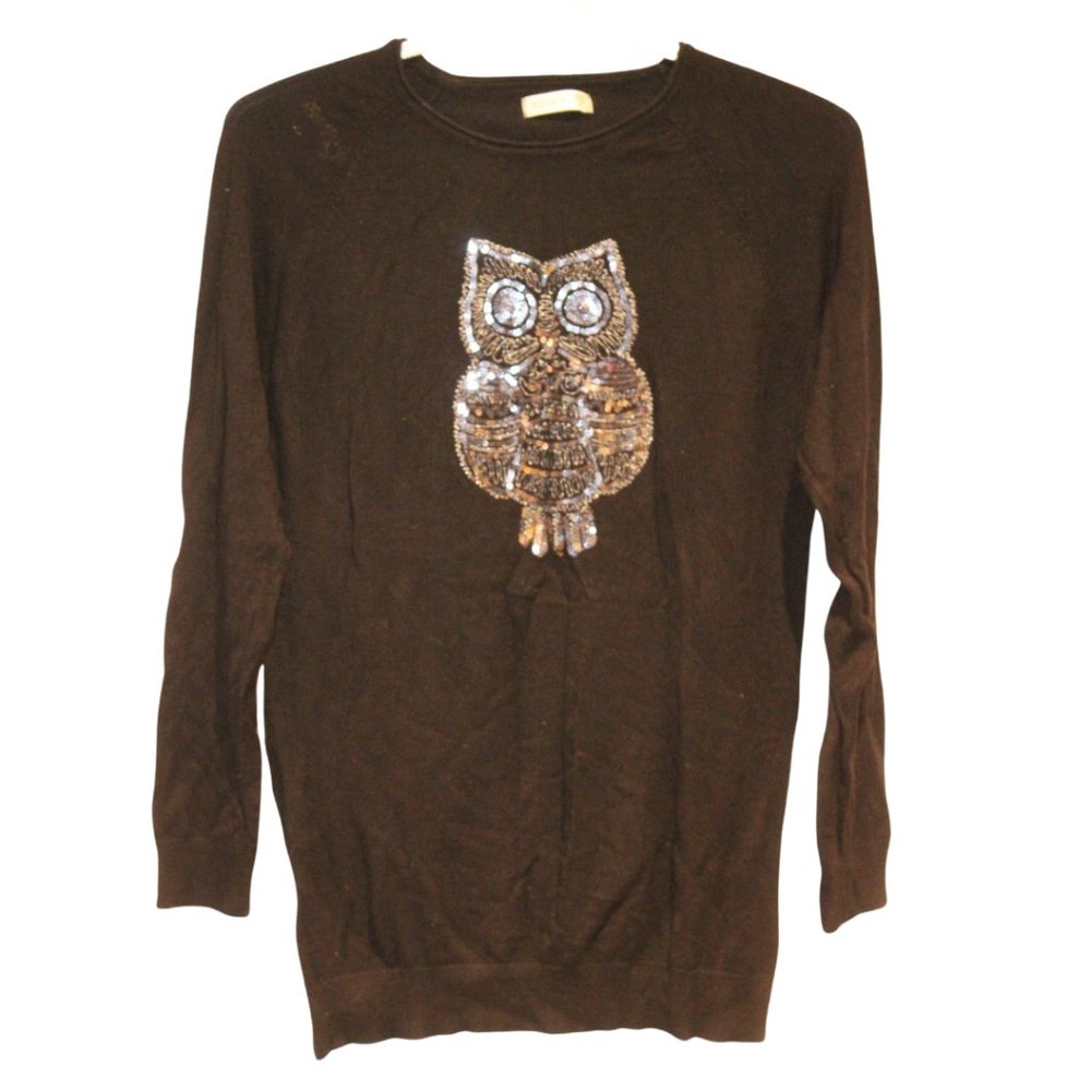 3/$20 🏷 Nevada Black Pullover Size XS Sequined Owl Graphic